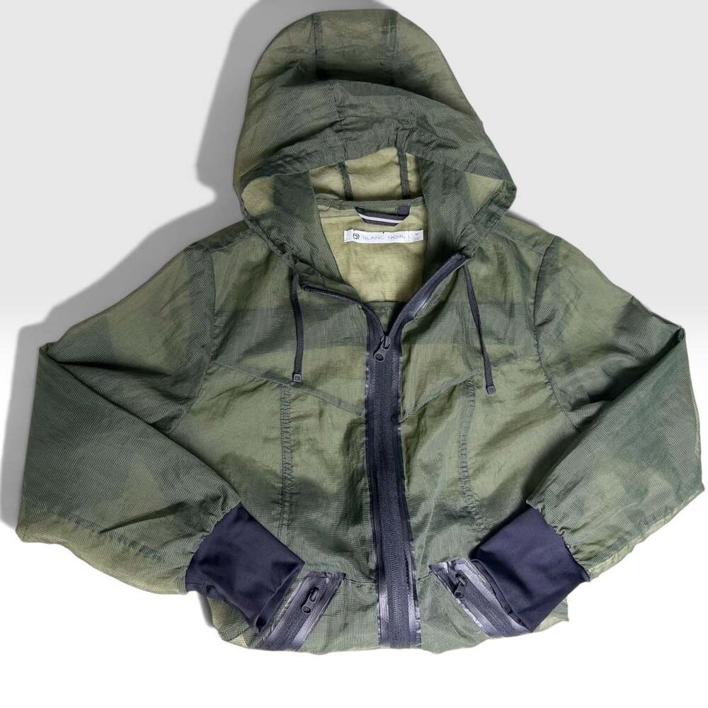 Blanc Noir Olive Green Mesh Grid Bomber Jacket Hoodie with Black Cuffs Size M